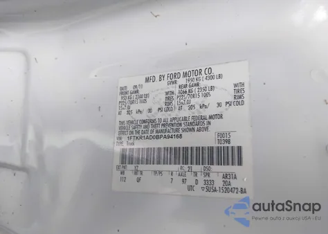 2011 Ford Ranger Xl из США, поврежденный, VIN 1FTKR1AD0BPA94168